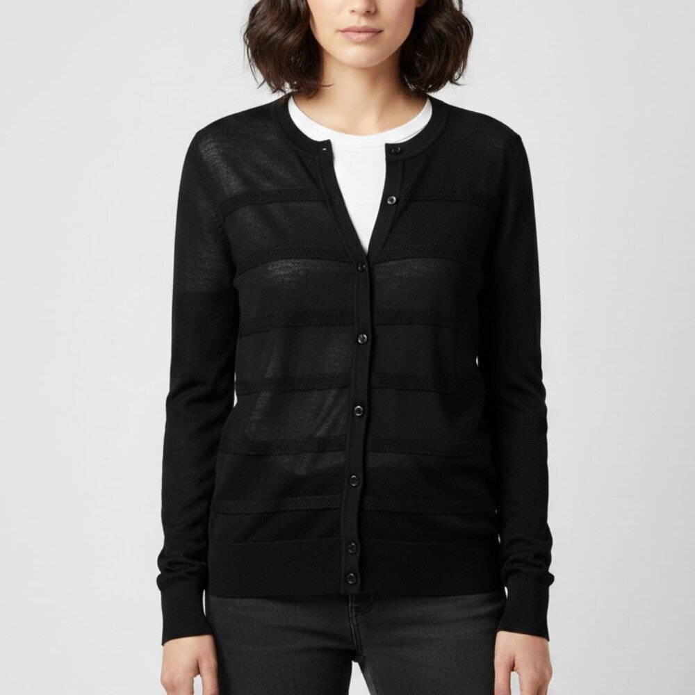 LOFT Knit Stripe Cardigan – Black (Size M, NWT)